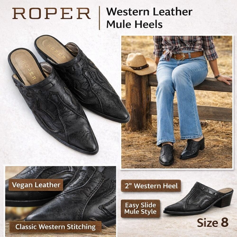 Roper Western Mule Heels Womens 8 Black Vegan Leather Pointed Toe